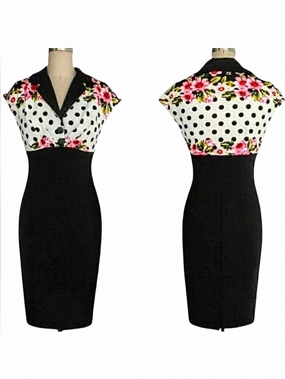 1950's Rockabilly Polka Dot Floral Wiggle Pencil Sheath Bodycon Dress. Sz. L